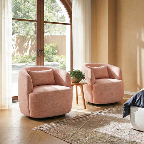 Ashlie Linen Swivel Barrel Chair - Coral Modern Swivel Chair | Swivel Accent Chairs | Kinwell Furniture | Swivel Armchairs