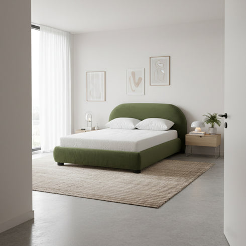 Harriet Velvet Bed Frame with Headboard – Olive Green Upholstered Platform Bed | Queen Size | Kinwell Furniture