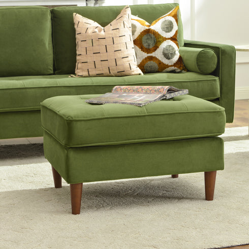 Tiziano Tufted Ottoman – Velvet Rectangular Footrest & Accent Seat | Mid-Century Upholstered Pouf | Green Ottoman