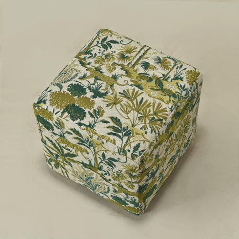 Jungle Animal Print Embroidered Fabric Square Ottoman | Embroidered Fabric Footstool | Modern Decorative Accent | Upholstered Accent Seating | Living Room Furniture | Statement Fabric Design | Kinwell Furniture