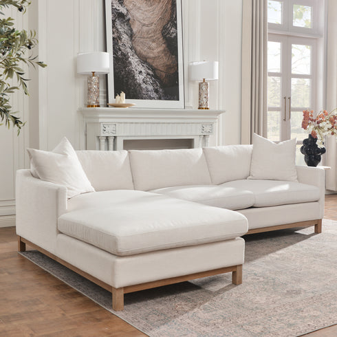 Cream Goose Down Sectional Sofa | L-Shape Down Filled Sectional with Chaise | Cream Upholstered Sectional Sofa | Modern Cream Sectional Couch | Soft Down Sectional Sofa