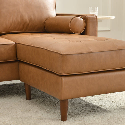 Tiziano Tufted 2-Piece Sectional Sofa – Camel Faux Leather Reversible Chaise Couch with Accent Pillows | Mid-Century Modern L-Shaped Sofa | Kinwell Furniture