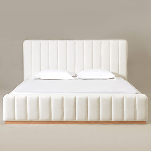 Agnes Linen Platform Bed - Beige / Gray Upholstered Bed | Queen & King Platform Beds | Kinwell Furniture | Modern Linen Bed Frames