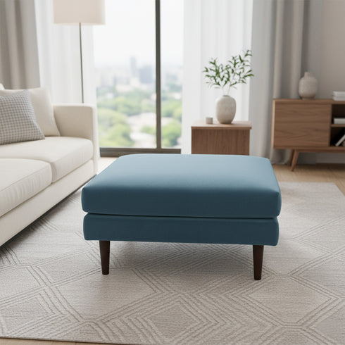 Albert Linen Blend Ottoman – Footrest & Pouf | Living Room Accent Seat | Kinwell Furniture | Contemporary Ottoman | Blue