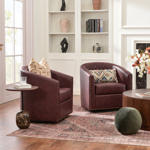 Logan Faux Leather Tufted Swivel Club Chair - Red Modern Swivel Chair | Swivel Accent Chairs | Kinwell Furniture | Swivel Armchairs