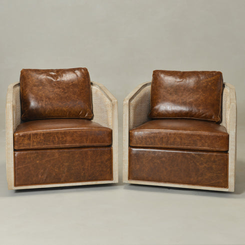 Claude Premium Leather Swivel Cane Chair - Coffee Modern Swivel Chair | Swivel Accent Chairs | Kinwell Furniture | Swivel Armchairs