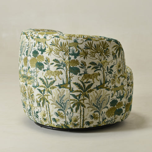 Ashlie Embroidered Fabric Swivel Chair - Jungle Animal Print Swivel Chair | Modern Swivel Accent Chair | Upholstered Swivel Armchair | Kinwell Furniture | 360 Degree Swivel Barrel Chair | Embroidered Fabric Armchair | Living Room Accent Chairs | Statement Swivel Chair