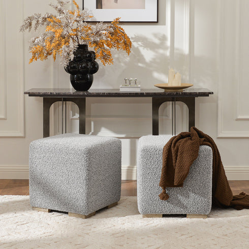 Bouclé Square Ottoman – BlackWhite Modern Footstool | Small Upholstered Ottomans | Kinwell Furniture | Minimalist Cube Poufs