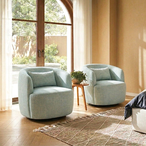 Ashlie Linen Swivel Barrel Chair - Light Green Modern Swivel Chair | Swivel Accent Chairs | Kinwell Furniture | Swivel Armchairs