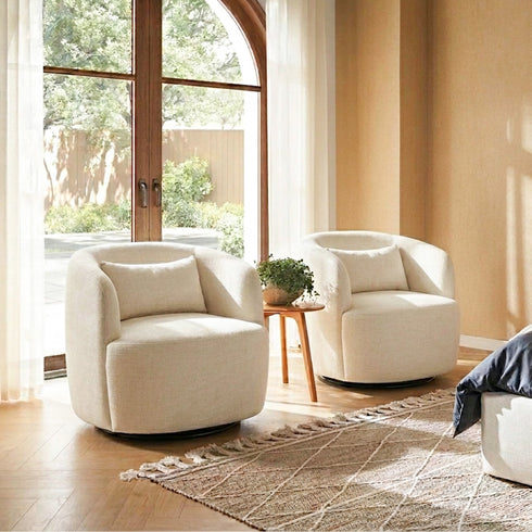 Ashlie Linen Swivel Barrel Chair - Ivory Modern Swivel Chair | Swivel Accent Chairs | Kinwell Furniture | Swivel Armchairs