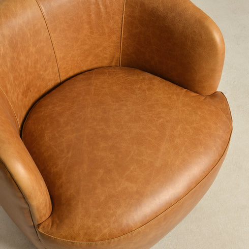 Ashlie Leather Swivel Barrel Chair - Camel Modern Swivel Chair | Swivel Accent Chairs | Kinwell Furniture | Swivel Armchairs