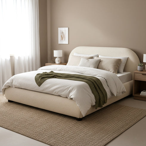Harriet Boucle Platform Bed with Wood Legs