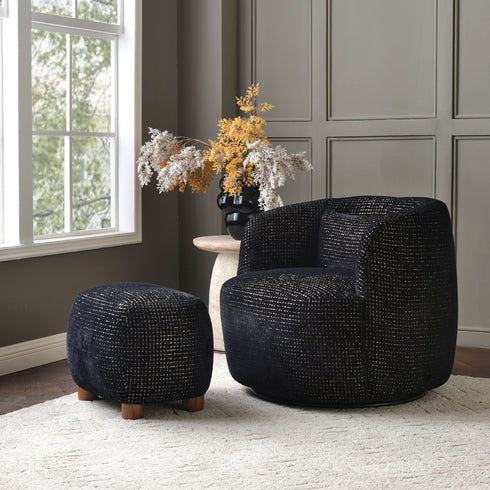 Ashlie Sculpted Jacquard Swivel Barrel Chair - Black & Gold Jacquard Swivel Chair | Sculpted Barrel Accent Chair | Modern Swivel Accent Chair | Upholstered Swivel Armchair | Kinwell Furniture | 360 Degree Swivel Barrel Chair | Embossed Jacquard Accent Chair | Living Room Accent Chairs | Luxury Statement Chair