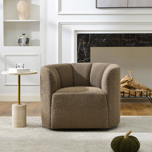 Wilton Bouclé Swivel Barrel Chair - Teddy Brown Petal Back Modern Swivel Chair | Swivel Accent Chairs | Kinwell Furniture | Swivel Armchairs
