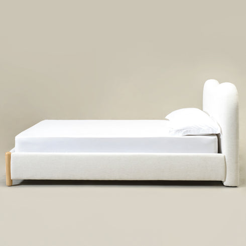 Dorothy Linen Platform Bed with Headboard – White Modern Upholstered Queen Bed Frame | Platform Beds | Kinwell Furniture | Bedroom Bed Frame