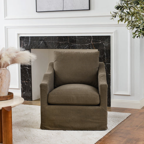 Charles Slipcover Swivel Barrel Chair – Brown Modern Swivel Chair | Slipcover Swivel Chairs | Kinwell Furniture | Swivel Armchairs