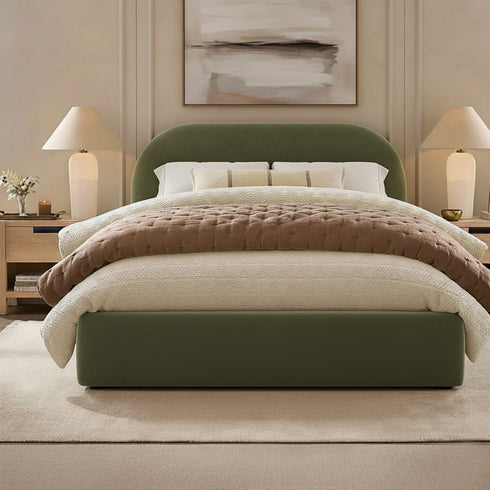 Harriet Velvet Bed Frame with Headboard – Olive Green Upholstered Platform Bed | King Size | Kinwell Furniture