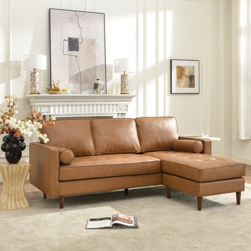 Tiziano Tufted 2-Piece Sectional Sofa – Camel Faux Leather Reversible Chaise Couch with Accent Pillows | Mid-Century Modern L-Shaped Sofa | Kinwell Furniture