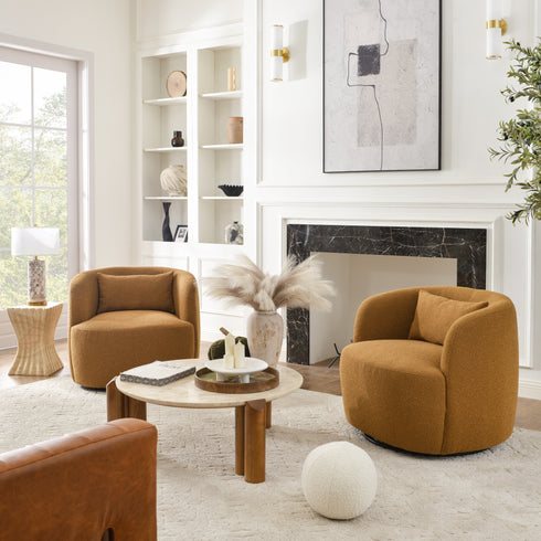 Ashlie Bouclé Swivel Barrel Chair - Brown Modern Swivel Chair | Swivel Accent Chairs | Kinwell Furniture | Swivel Armchairs