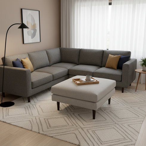 Albert Linen Blend Ottoman – Footrest & Pouf | Living Room Accent Seat | Kinwell Furniture | Contemporary Ottoman | Light Gray