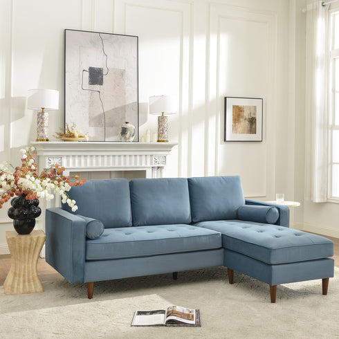 Tiziano Tufted 2-Piece Sectional Sofa – Blue Velvet Reversible Chaise Couch with Accent Pillows | Mid-Century Modern L-Shaped Sofa | Kinwell Furniture