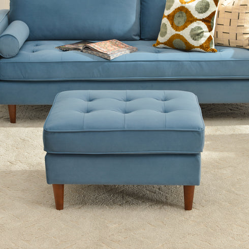 Tiziano Tufted Ottoman – Velvet Rectangular Footrest & Accent Seat | Mid-Century Upholstered Pouf | Blue Ottoman