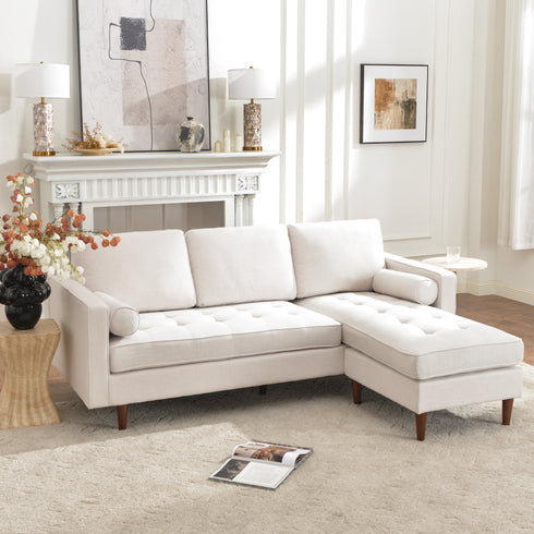 Tiziano Tufted 2-Piece Sectional Sofa – Ivory Linen Reversible Chaise Couch with Accent Pillows | Mid-Century Modern L-Shaped Sofa | Kinwell Furniture