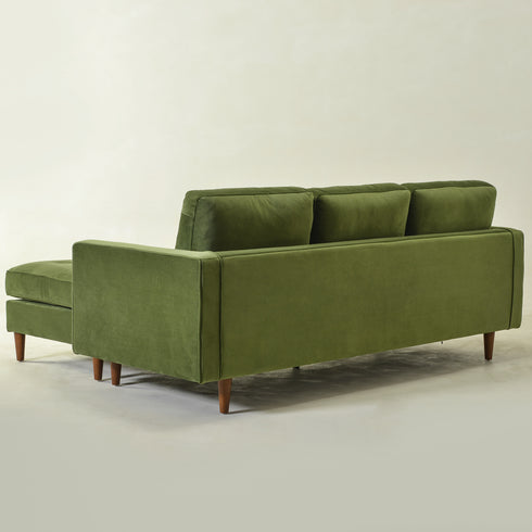 Tiziano Tufted 2-Piece Sectional Sofa – Green Velvet Reversible Chaise Couch with Accent Pillows | Mid-Century Modern L-Shaped Sofa | Kinwell Furniture