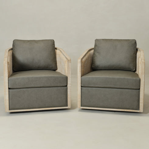 Claude Premium Leather Swivel Cane Chair - Gray Modern Swivel Chair | Swivel Accent Chairs | Kinwell Furniture | Swivel Armchairs