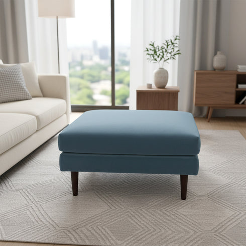 Albert Linen Blend Ottoman – Footrest & Pouf | Living Room Accent Seat | Kinwell Furniture | Contemporary Ottoman | Blue