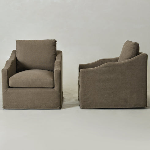 Charles Slipcover Swivel Barrel Chair – Brown Modern Swivel Chair | Slipcover Swivel Chairs | Kinwell Furniture | Swivel Armchairs