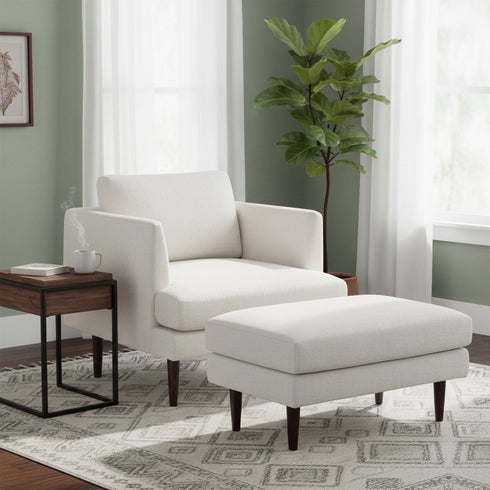 Albert Linen Blend Ottoman – Footrest & Pouf | Living Room Accent Seat | Kinwell Furniture | Contemporary Ottoman | Ivory