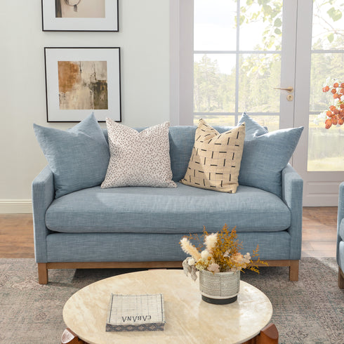 Goose Down Feathers Upholstered Loveseat – Blue Square Arm 2-Seater Sofa | Plush Feather-Filled Loveseat | Kinwell Furniture | Cloud-Soft, Timeless Design