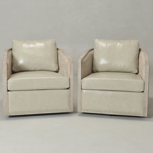 Claude Premium Leather Swivel Cane Chair - Oyster Modern Swivel Chair | Swivel Accent Chairs | Kinwell Furniture | Swivel Armchairs