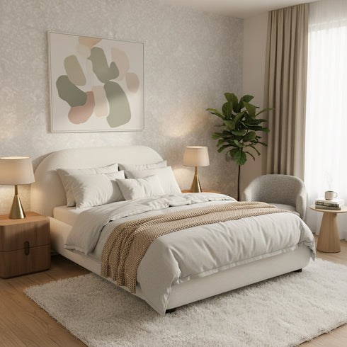 Harriet Bouclé Bed Frame with Headboard – Cream Upholstered Platform Bed | King Size | Kinwell Furniture