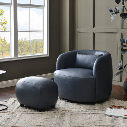 Elmer Faux Leather Ottoman – Round Navy Ottoman | Decorative Ottoman | Kinwell Furniture | Modern Faux Leather Furniture