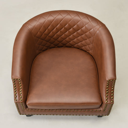 Louis Faux Leather Tufted Club Chair - Brown Accent Chair | Decorative Accent Chairs | Kinwell Furniture | Modern Club Chairs | Barrel Club Chair | Nailhead Trim Chair | Contemporary Faux Leather Chair | Elegant Brown Chair