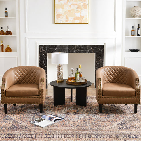 Louis Faux Leather Tufted Club Chair - Camel Accent Chair | Decorative Accent Chairs | Kinwell Furniture | Modern Club Chairs | Barrel Club Chair | Nailhead Trim Chair | Contemporary Faux Leather Chair | Elegant Camel Chair