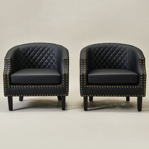 Louis Faux Leather Tufted Club Chair - Black Accent Chair | Decorative Accent Chairs | Kinwell Furniture | Modern Club Chairs | Barrel Club Chair | Nailhead Trim Chair | Contemporary Faux Leather Chair | Elegant Black Chair