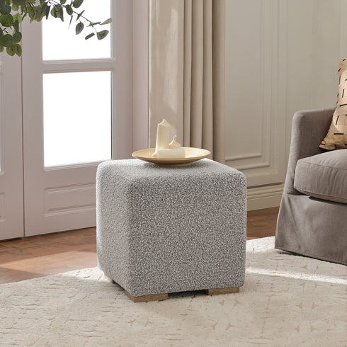 Bouclé Square Ottoman – BlackWhite Modern Footstool | Small Upholstered Ottomans | Kinwell Furniture | Minimalist Cube Poufs