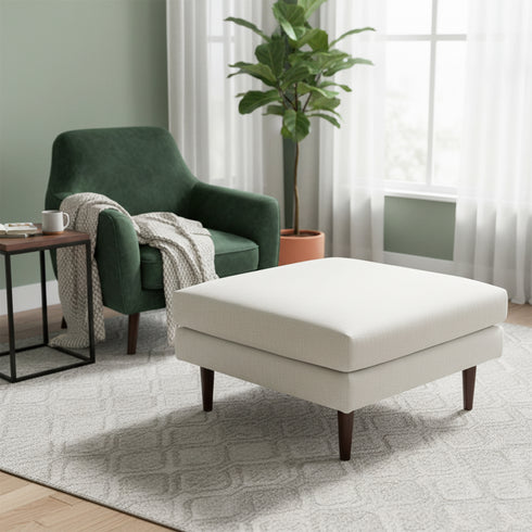 Albert Linen Blend Ottoman – Footrest & Pouf | Living Room Accent Seat | Kinwell Furniture | Contemporary Ottoman | Ivory