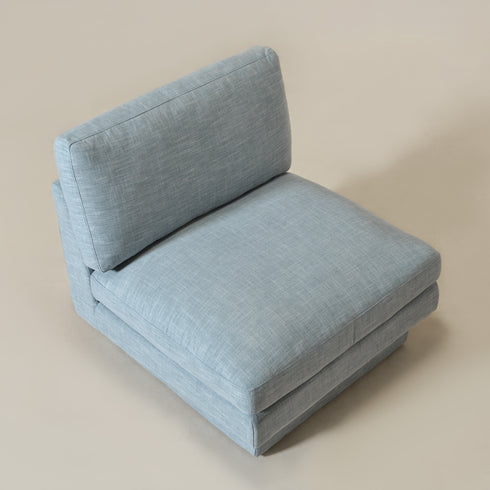 Linen Blend Down Feather Upholstered Accent Chair – Blue Modern Armless Slipper Chair | Soft Linen Blend Lounge Chair with Removable Cushions | Kinwell Furniture | Oversized Accent Chair