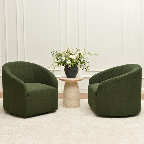 Susie Bouclé Swivel Barrel Chair - Green Accent Swivel Chair | Swivel Chairs for Living Rooms | Kinwell Furniture | Top Swivel Chairs