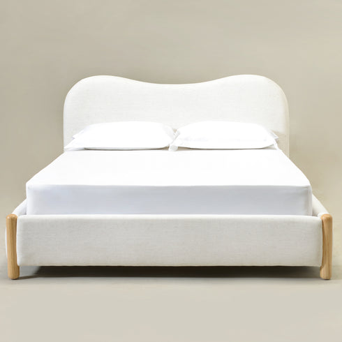 Dorothy Linen Platform Bed with Headboard – White Modern Upholstered Queen Bed Frame | Platform Beds | Kinwell Furniture | Bedroom Bed Frame