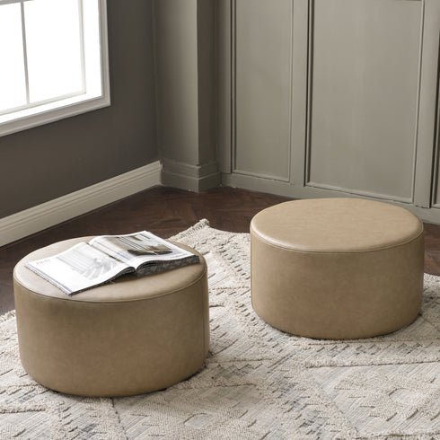 Elof Faux Leather Ottoman - 18" & 24" Round Ottoman | Small Space Furniture | Kinwell Furniture | Leather Accent Stool