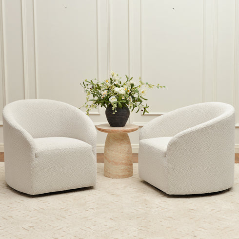Susie Bouclé Swivel Barrel Chair - White Modern Swivel Chair | Swivel Accent Chairs | Kinwell Furniture | Swivel Armchairs