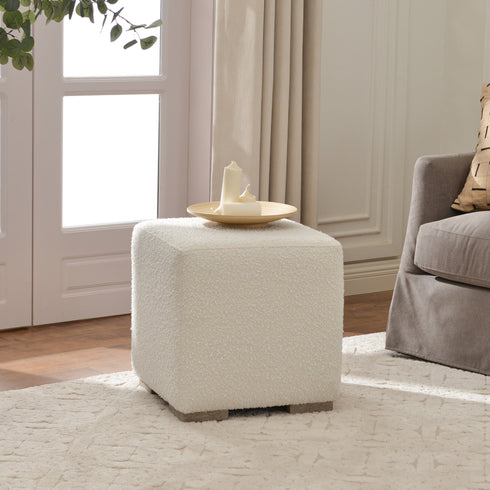 Bouclé Square Ottoman – White Modern Footstool | Small Upholstered Ottomans | Kinwell Furniture | Minimalist Cube Poufs