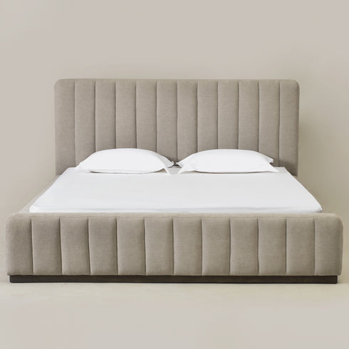Agnes Linen Platform Bed - Beige / Gray Upholstered Bed | Queen & King Platform Beds | Kinwell Furniture | Modern Linen Bed Frames