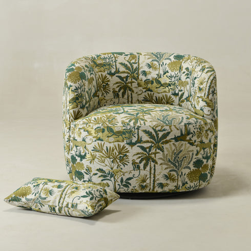 Ashlie Embroidered Fabric Swivel Chair - Jungle Animal Print Swivel Chair | Modern Swivel Accent Chair | Upholstered Swivel Armchair | Kinwell Furniture | 360 Degree Swivel Barrel Chair | Embroidered Fabric Armchair | Living Room Accent Chairs | Statement Swivel Chair