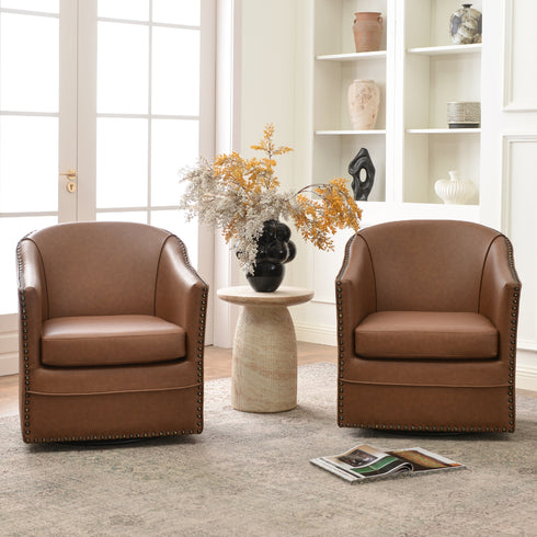 Lawton Faux Leather Tufted Swivel Chair – Brown Industrial Modern Swivel Chair | Faux Leather Office & Lounge Chair | Kinwell Furniture | High Back Chair